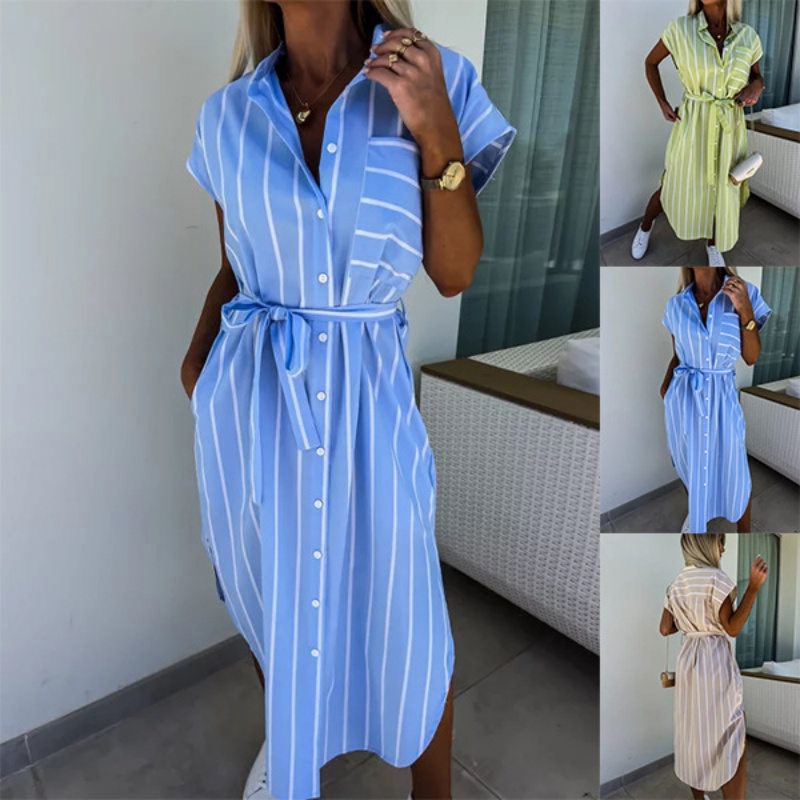 Summer Clothing Looks - Gestreepte overhemdjurk met korte mouwen voor